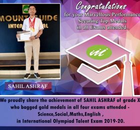 Great achievement of SAHIL ASHRAF of grade X in International Olympiad Talent Exam 2019-20