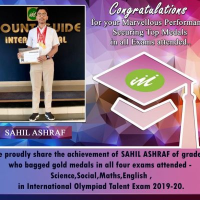 Achievement of SAHIL ASHRAF of Grade X who bagged gold medals in all exams attended in International Olympiad Talent Exam 2019-20