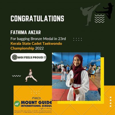 Congratulation…Fathima Ansar for bagging Bronze Medal in 23rd Kerala State Cadet Taekwondo Championship 2022